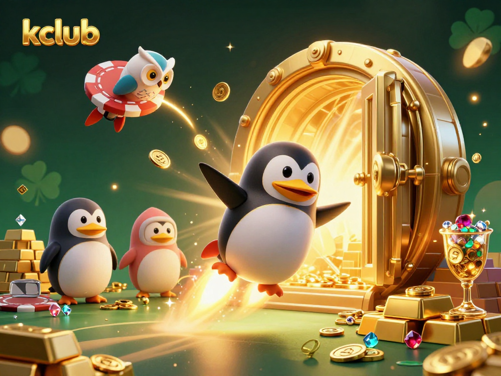 Kclub offers an exciting 3D casino adventure featuring golden penguins flying among treasures and game elements.