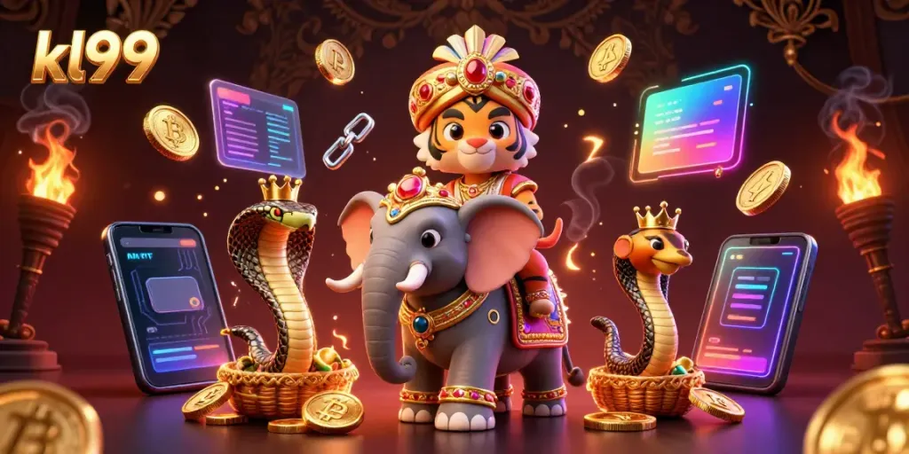 Experience the excitement of KL99 with a majestic tiger and elephant amid vibrant digital elements.