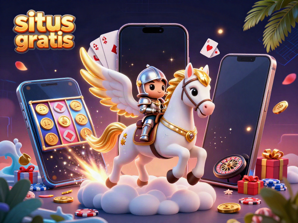 Play colorful slot games freely with situs slot gratis in this engaging casino-themed illustration.