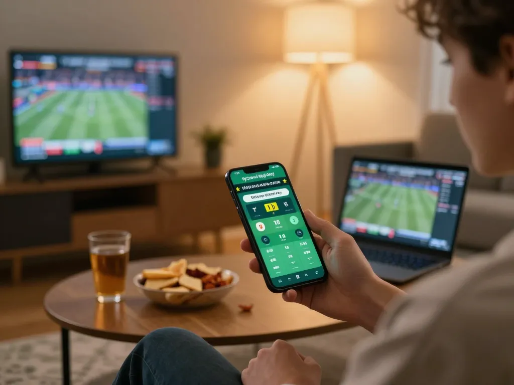Engaging in tỷ lệ kèo bóng đá hôm nay betting on mobile app in a cozy living room