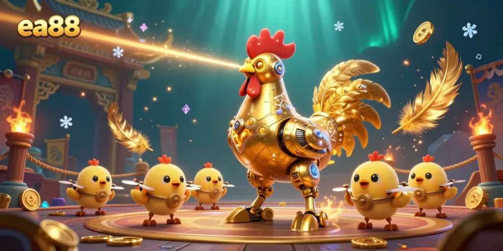 ea88 casino scene featuring a robotic rooster and baby chick drones in an energetic setup.