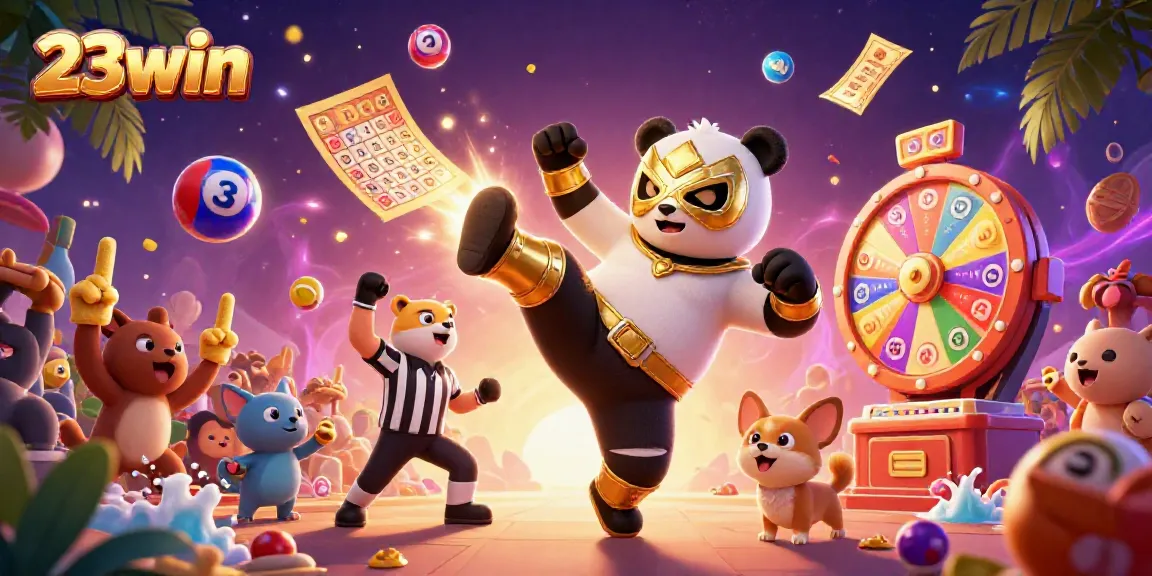 Engage in exhilarating gaming with 23win as a panda performs a dynamic kick in a lively casino atmosphere.