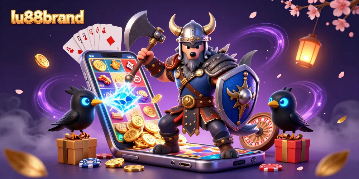 Engage with the thrilling features of lu88brand as a Viking wolf warrior, dragon, and raven celebrate winning in colorful casino games.