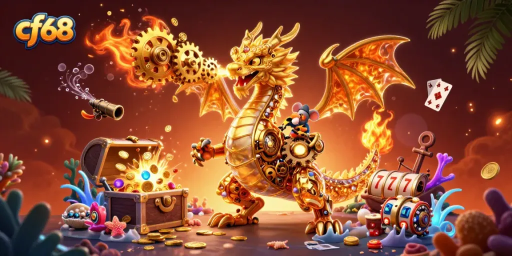 Engage in exciting games at cf68 with thrilling slot reels and a gold-breathing dragon.