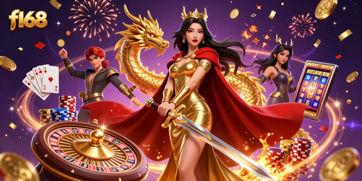 Experience thrilling gaming action at f168 with a warrior queen and golden dragon in a vibrant casino scene.