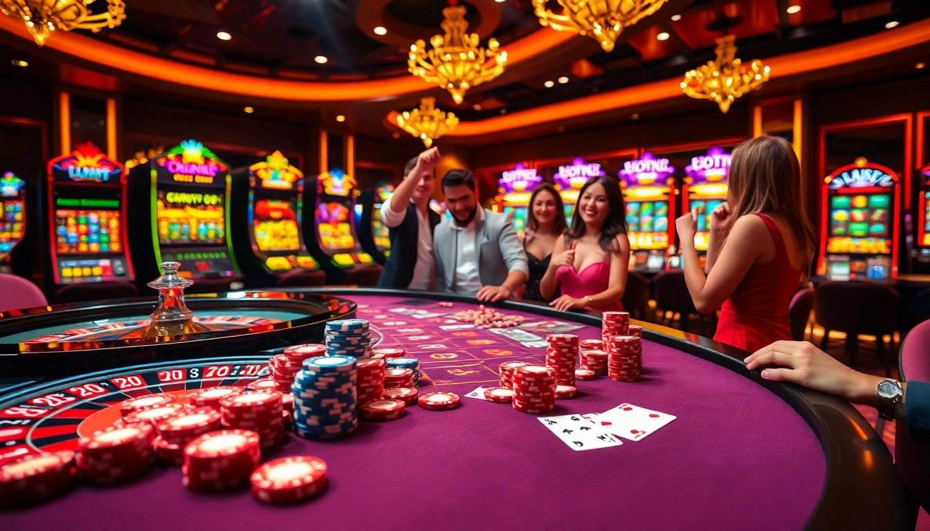 Exciting Hi88 casino scene with vibrant gaming tables and players celebrating wins.