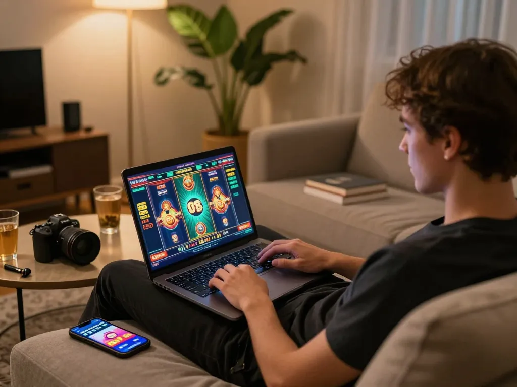 Engaging in an exciting online slot game at gg88 casino on a laptop, showcasing a casual gaming setup.
