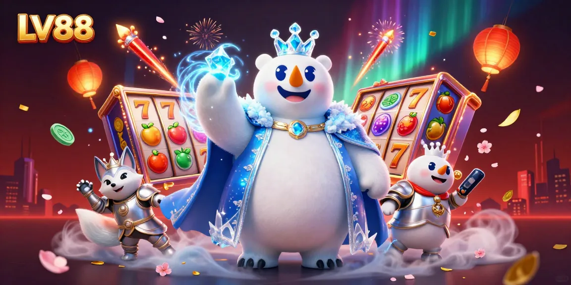Win big at LV88 with vibrant slot reels and captivating casino visuals in this dynamic 3D illustration.