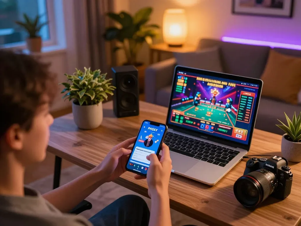 Player enjoying the PHSKY app for online betting in a cozy home setting, emphasizing modern gaming.