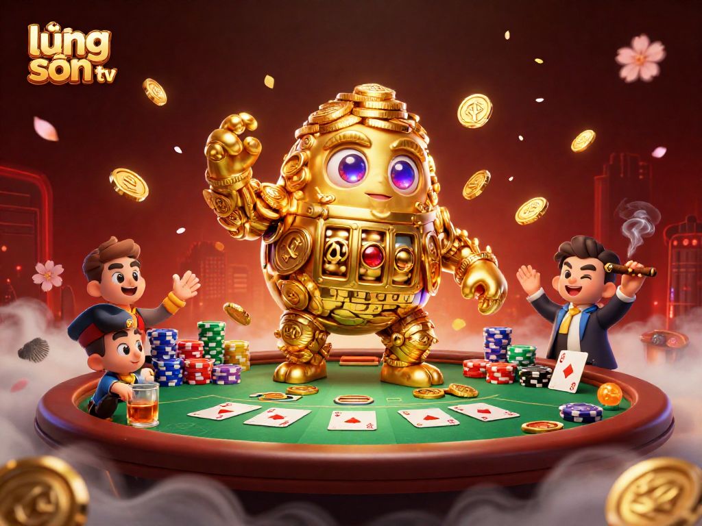 Engage with lương sơn tv to experience thrilling poker action featuring a gold golem and vibrant casino elements.