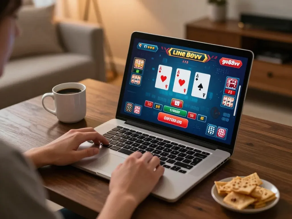 Player enjoying an online live casino game at home at go88vv, showcasing strategic gameplay atmosphere.