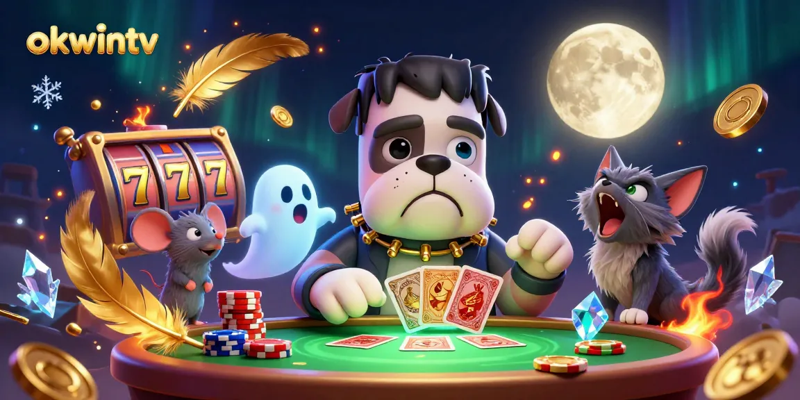 okwintv showcases a 3D cartoon bulldog dealer in a vibrant casino scene with slot elements and dynamic particles.