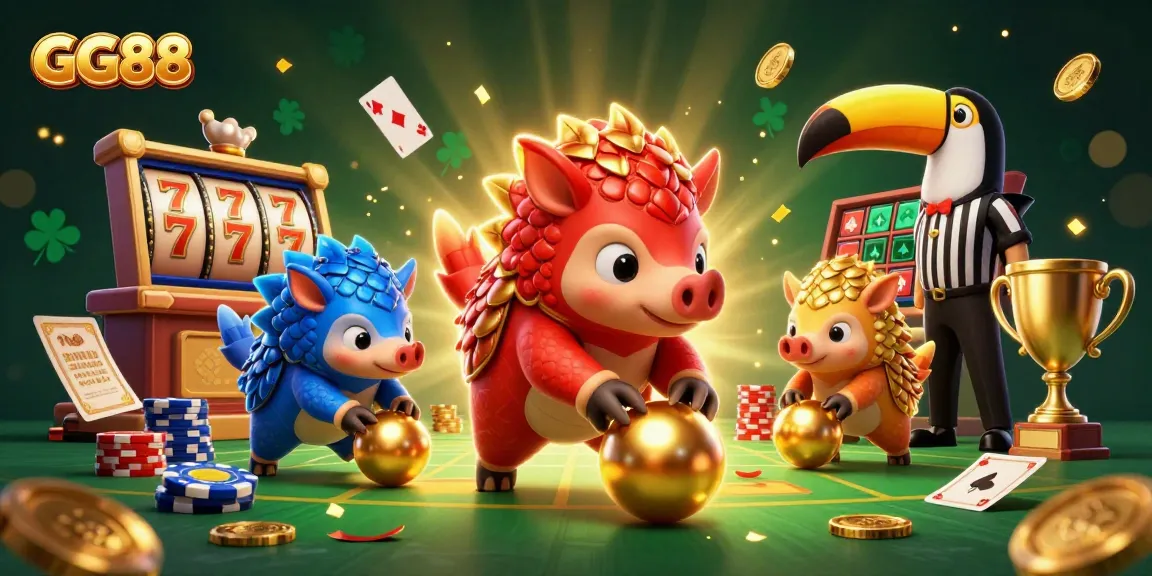 Roll into winnings at GG88 with dynamic gambling scene featuring rival pangolins, slot reels, and poker elements