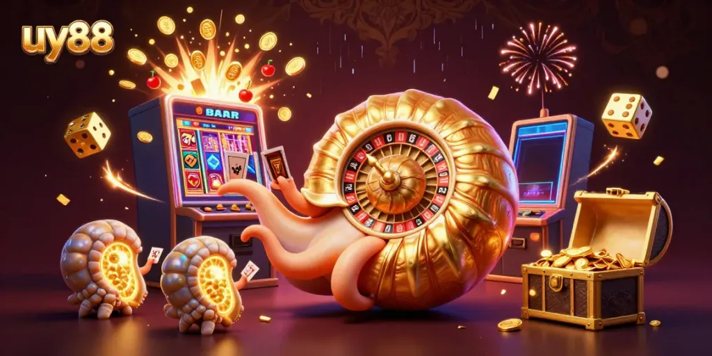 Experience exciting gameplay at uy88 with vibrant casino elements and an ancient nautilus character.
