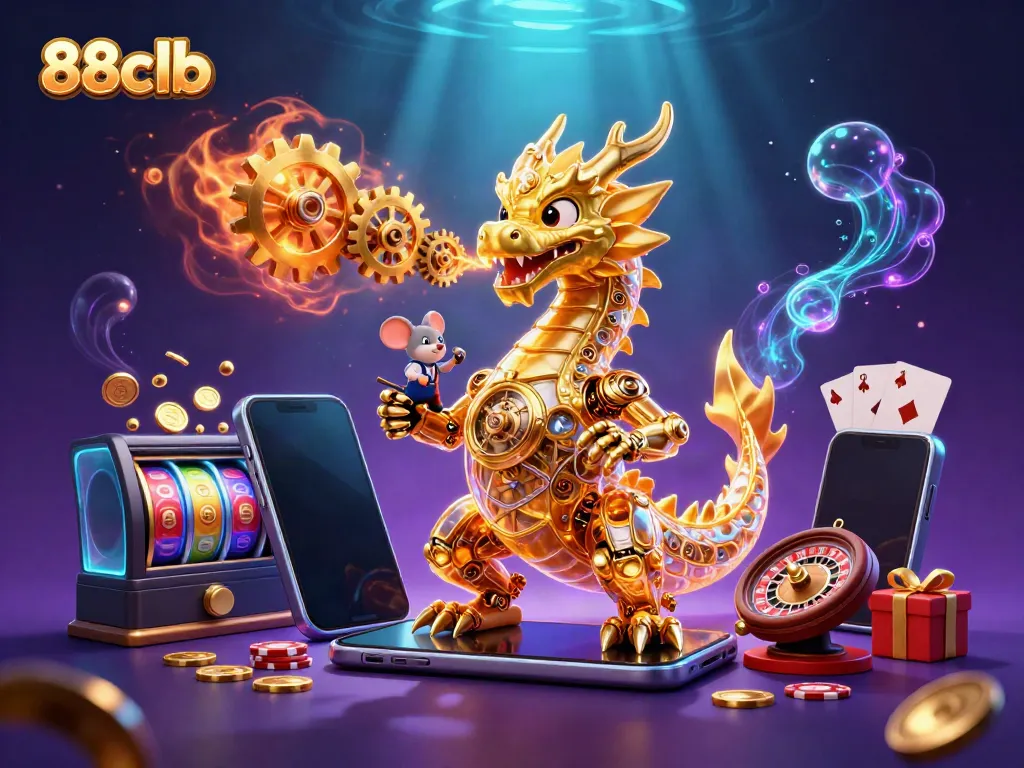 Engage in thrilling gaming action with 88clb as a golden dragon breathes gold gears amidst vibrant casino elements.