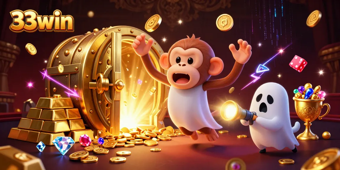 Experience the thrilling atmosphere of 33win with a mischievous ghost monkey in a haunted casino.