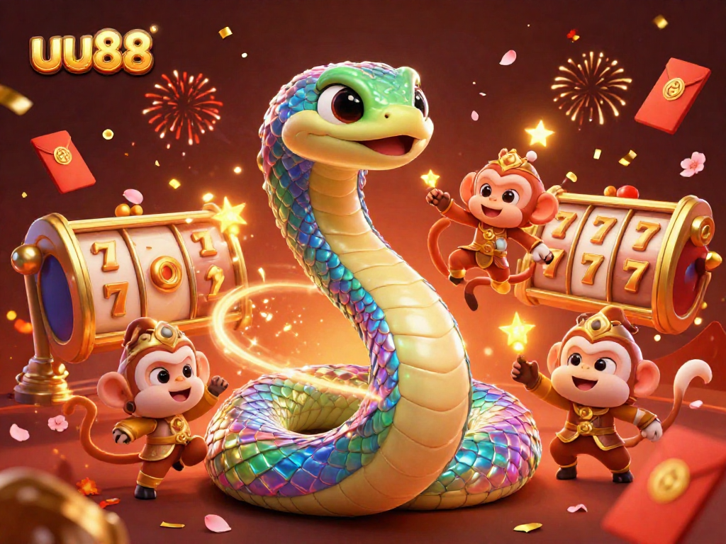Experience thrilling gaming with uu88's colorful serpent, playful monkey king, and vibrant casino symbols.