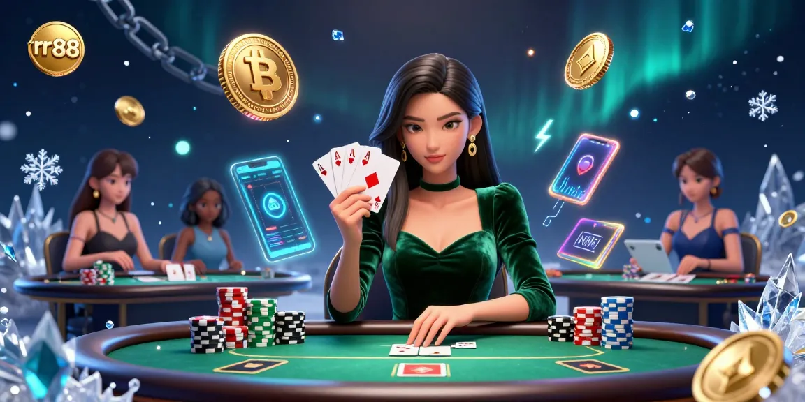 Experience intense poker action at rr88, where a skilled player wields her cards triumphantly amid dazzling casino elements.