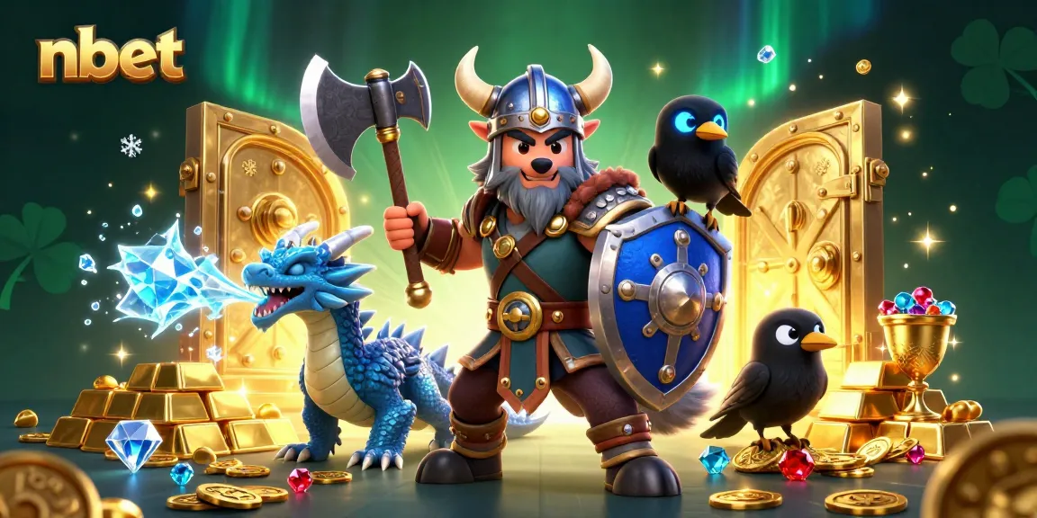 Engage with nbet's thrilling casino adventure featuring a Viking warrior, dragon, and treasure loot.