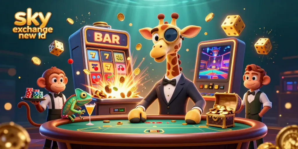 Engage with the Sky Exchange new ID in a vibrant 3D casino scene showcasing excitement and betting opportunities.