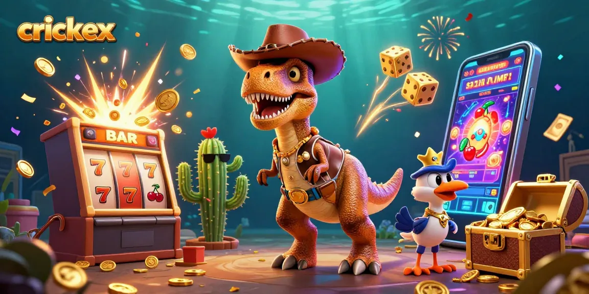 Engage with crickex's vibrant cartoon scene of a T-Rex cowboy and friends in a lively casino setting.