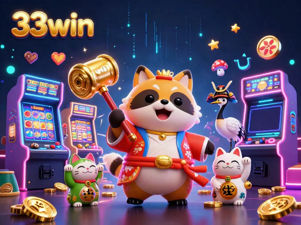 33win's cheerful tanuki and fortune cats celebrate wins in a vibrant casino scene.
