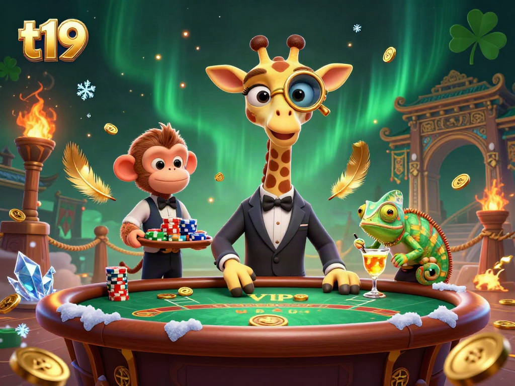 Exciting scene showcasing t19 with a high-roller giraffe, monkey valet, and a chameleon bartender, capturing the vibrant essence of an online casino.