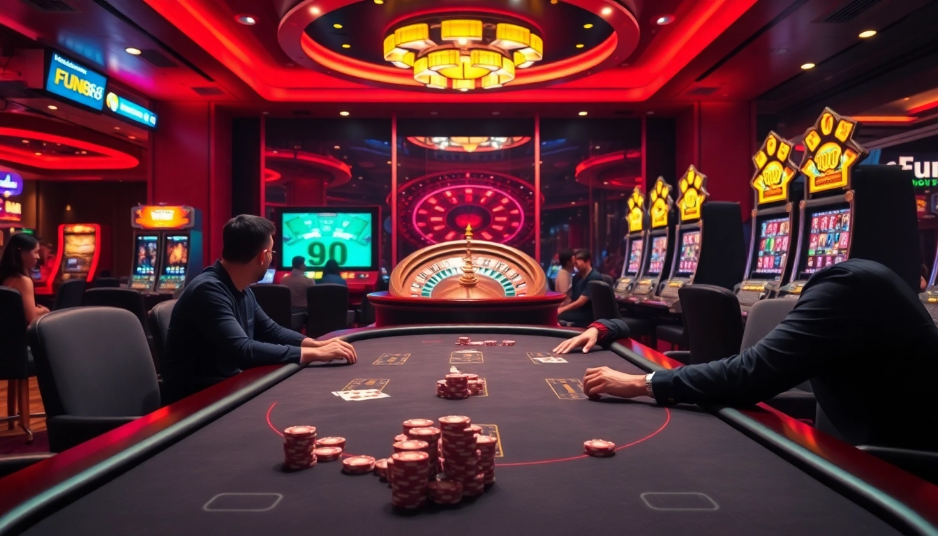 Engaging scene of FUN88 nhà cái with players at a poker table and roulette wheel, showcasing vibrant casino excitement.