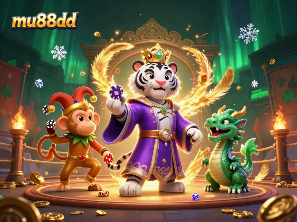 Engage in thrilling games at mu88dd with a majestic tiger, playful monkey, and jade dragon in a vibrant casino scene.