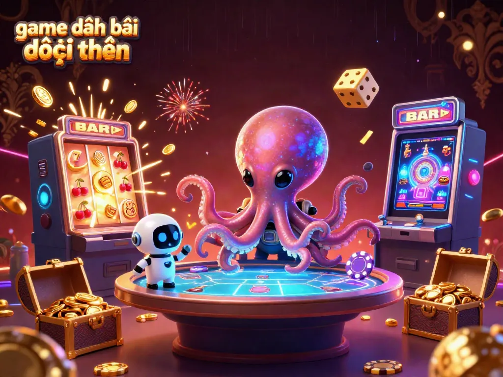 Experience the excitement of game đánh bài đổi thưởng with a dynamic 3D scene featuring alien characters and casino elements.