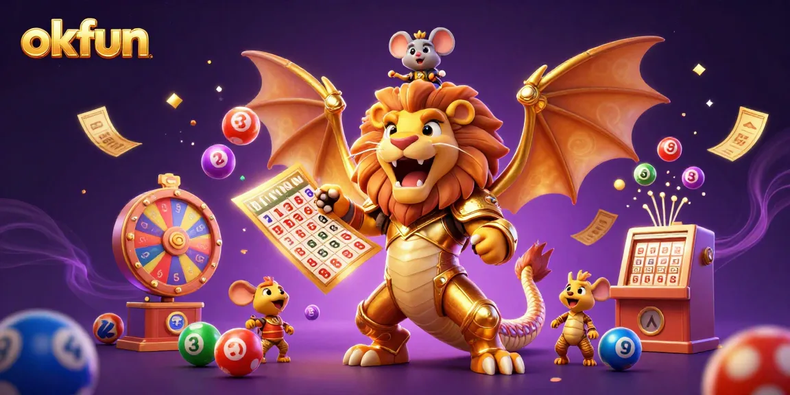 Experience thrilling gameplay with okfun as a triumphant chimera creature roars amidst colorful lottery balls.