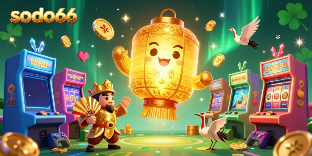 Engage with sodo66's vibrant casino world filled with golden lantern spirits and dynamic slot machines.