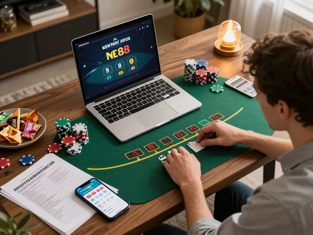 Engaged user playing blackjack online using net88 app with chips and snacks around, cozy home setup.