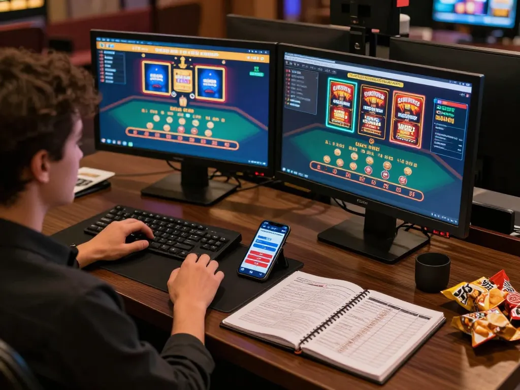 Engaging gameplay experience at 98win vin online casino with dual monitors and strategic notes