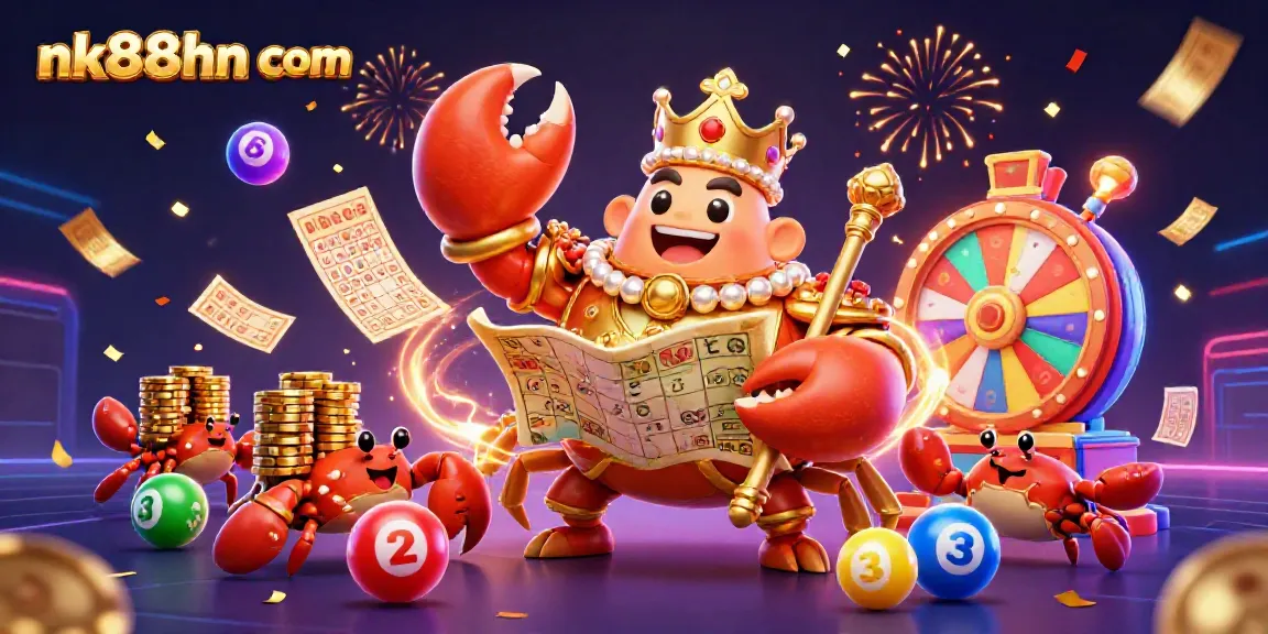 Experience the excitement of nk88hn com with a dynamic casino-themed illustration featuring a golden crab emperor.