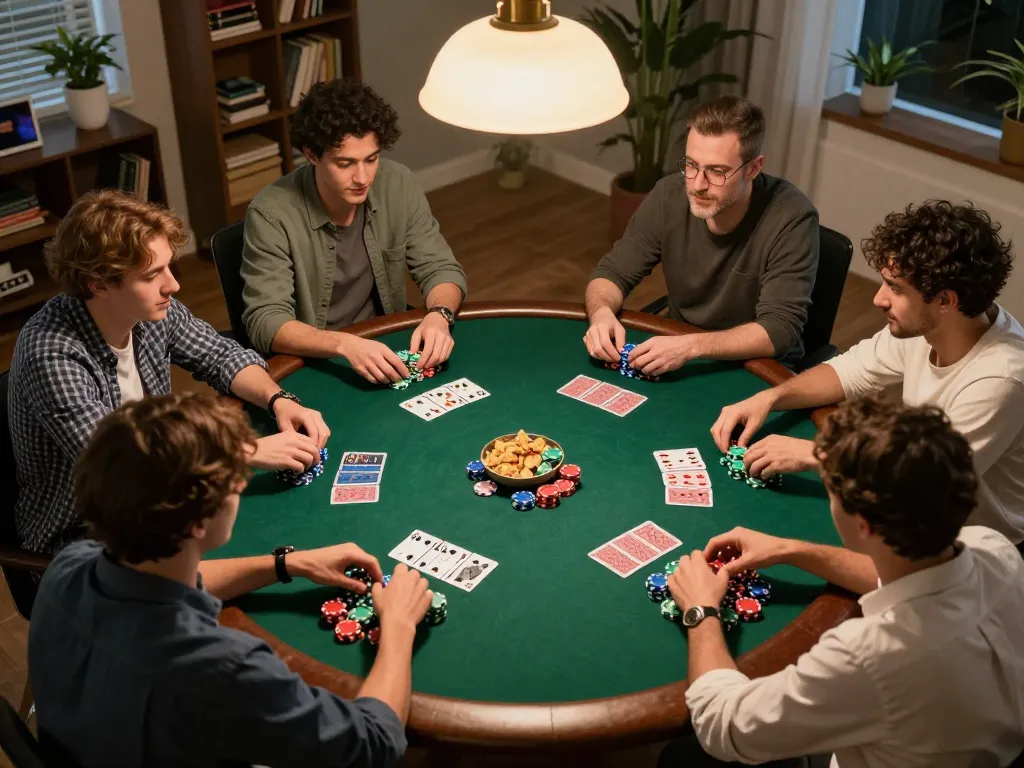 Friends enjoying poker night at home while playing at NHÀ CÁI F168, showing chips, cards, and drinks.