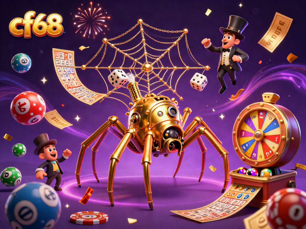 Engage in thrilling gameplay with cf68 as a steampunk spider weaves golden chains in a vibrant casino scene.