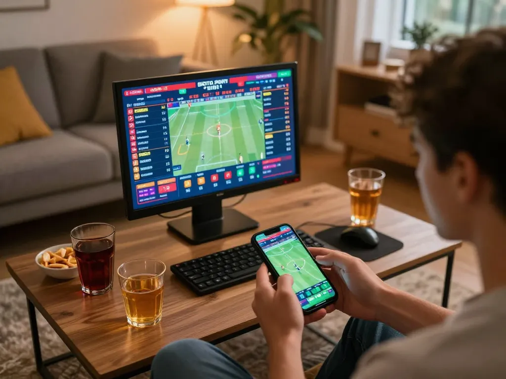 Person placing live sports bets on smartphone displaying fly88mb interface with odds and match updates.