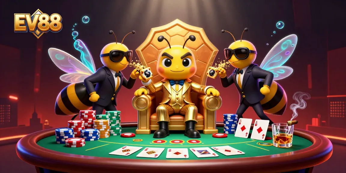 Engage in a lively poker game with EV88's cartoon mob boss and bodyguards in a vibrant casino scene.