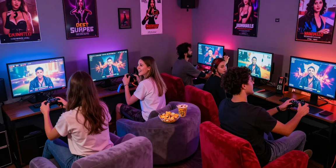 Engaged friends enjoying a porn game online in a vibrant gaming lounge.