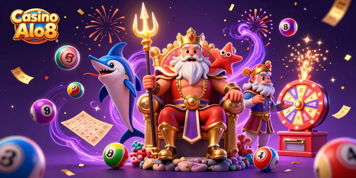 Experience the excitement of Casino Alo8 with a vibrant, dynamic casino scene featuring Neptune and fun gaming elements.