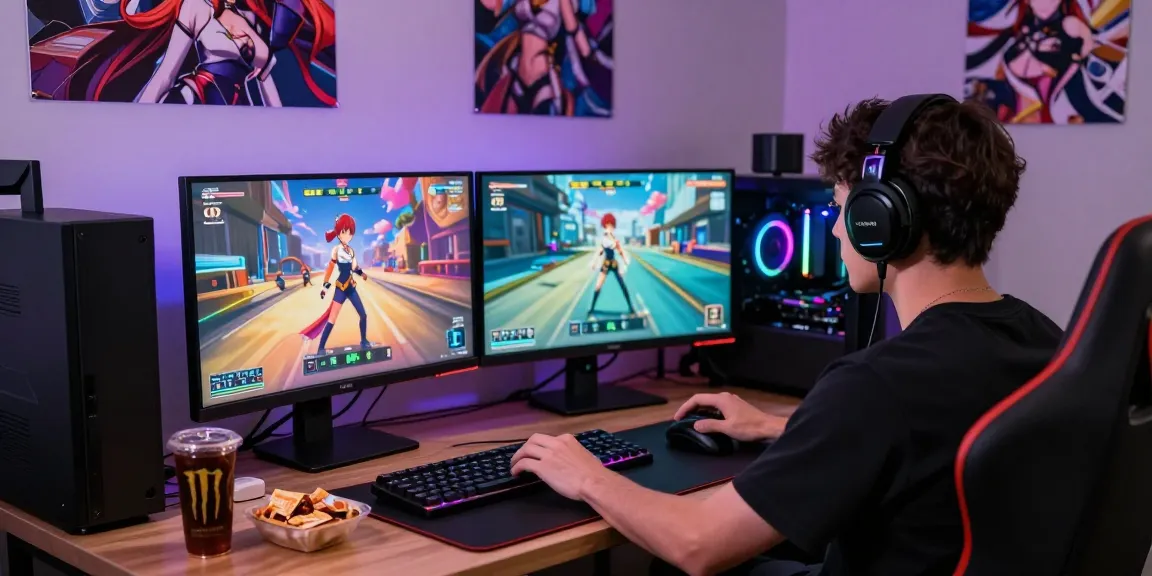 Player enjoying hentai games online on a vibrant gaming setup with dual monitors.