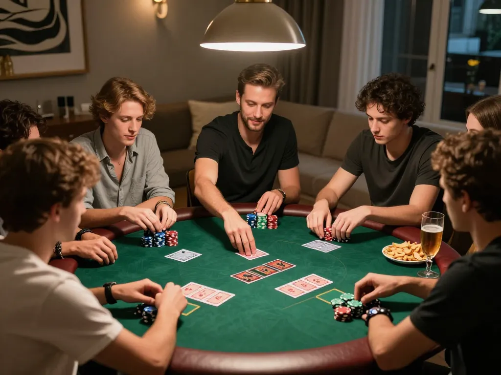 Friends enjoying a spirited poker game night around a table while playing Texas Hold'em at PHPVIP.
