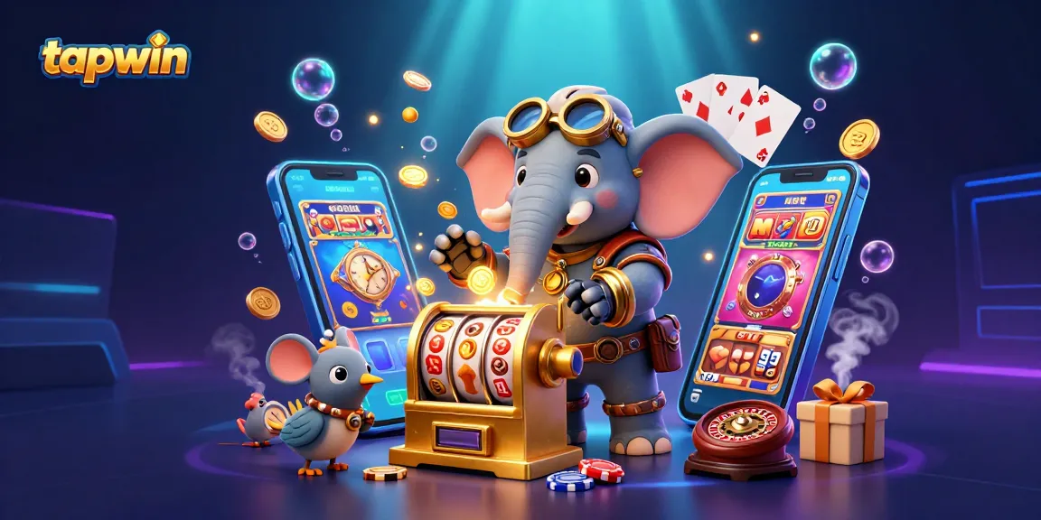Tapwin's animated steampunk elephant operating a golden slot machine, showcasing vibrant casino elements and excitement.