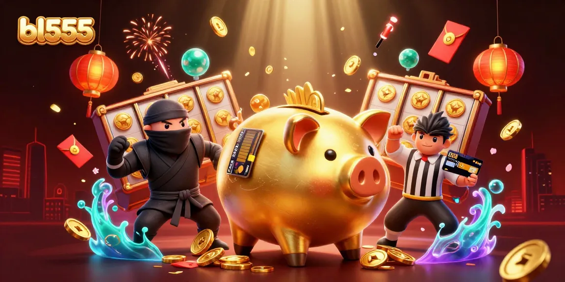 Experience vibrant action in a bustling online casino with the bl555 piggy bank sumo wrestler among floating slots and golden coins.