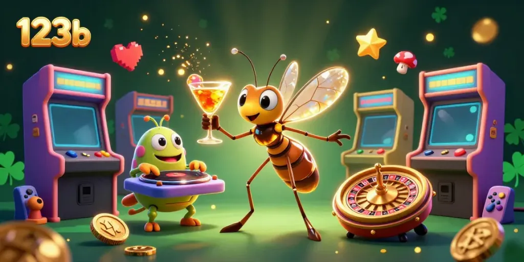 Engage in the vibrant world of 123b with a dynamic casino mascot and DJ amidst flashy game elements