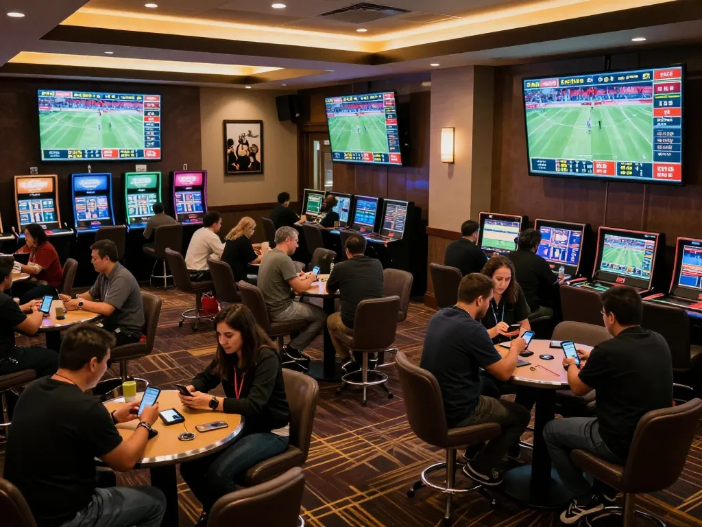 Engaged sports bettors reviewing odds on the trang cá cược bóng đá screens in a lively atmosphere