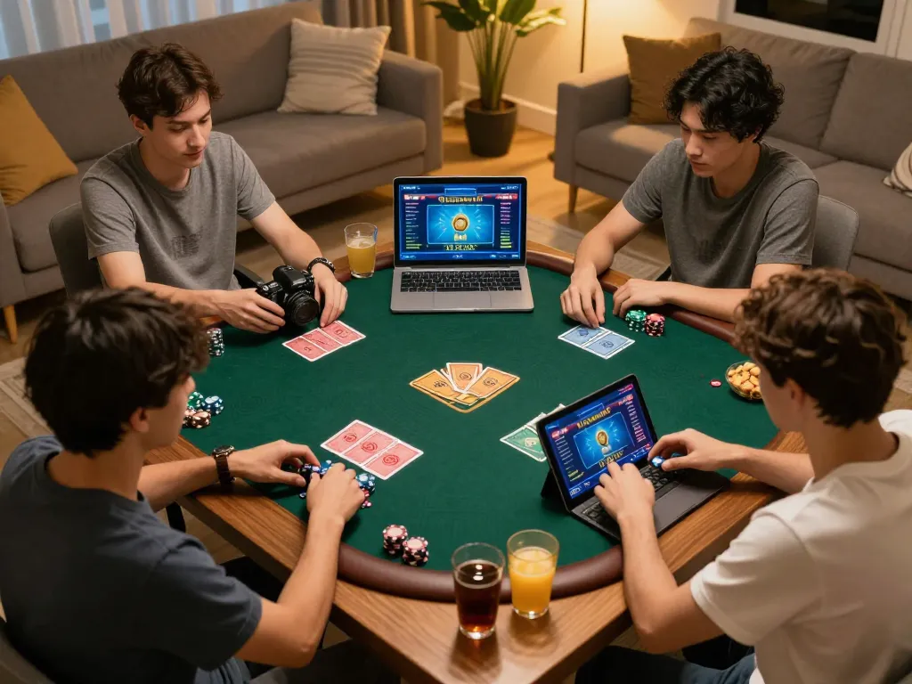 Players engaging in an exciting online poker game at home on fun79 platform with vibrant interfaces and thoughtful strategies.