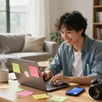 Happy young adult engaged in free ai sex chat using a laptop in a cozy living room.