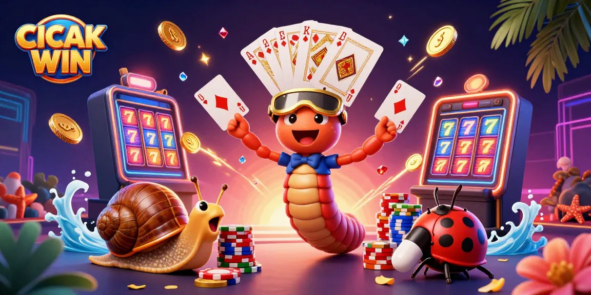 CICAK WIN showcases a vibrant casino scene with a cartoon millipede dealer, snail gambler, and playful pill bug, surrounded by sparkling coins and slot symbols.